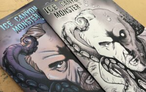 Two copies of a comic book - one in color, the other in black and white - featuring a straignt-on view of a male figure's portrait. Large octopus-like tentacles are visible.