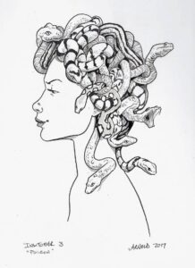 An ink drawing of a profile view of a woman with various snakes coiled and crawling over her scalp.