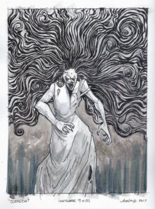 A black and white ink drawing of a creepy-looking female figure shrieking.