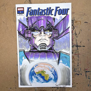 Colorful drawing of the comic book character Galactus looming over the Earth, drawn in pen, ink, and alcohol markers on a "Fantastic Four" blank sketch cover.