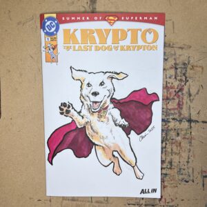 Colorful drawing of a dog flying with a red cape flowing behind him, drawn in pen, ink, and alcohol markers on a comic book blank cover.