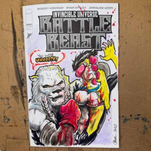 Two comic book characters, a lion-like figure hoisting up an injured human and telling him "You were unworthy" drawn on a comic book sketch cover.