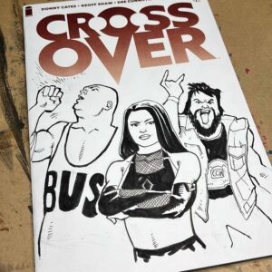 A blank comic book cover with three wrestlers drawn upon it in black and white.