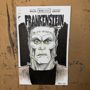 A portrait of Frankenstein's monster drawn in pen, ink, and alcohol markers, on a "Frankenstein" blank comic book cover.