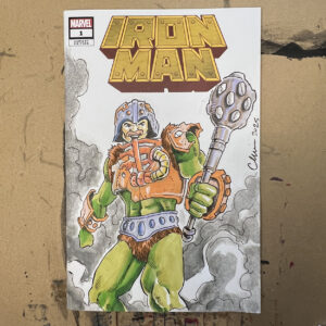 A battle-damaged Man-at-Arms character drawn in pen, ink, and alcohol markers on an Iron Man blank sketch cover.